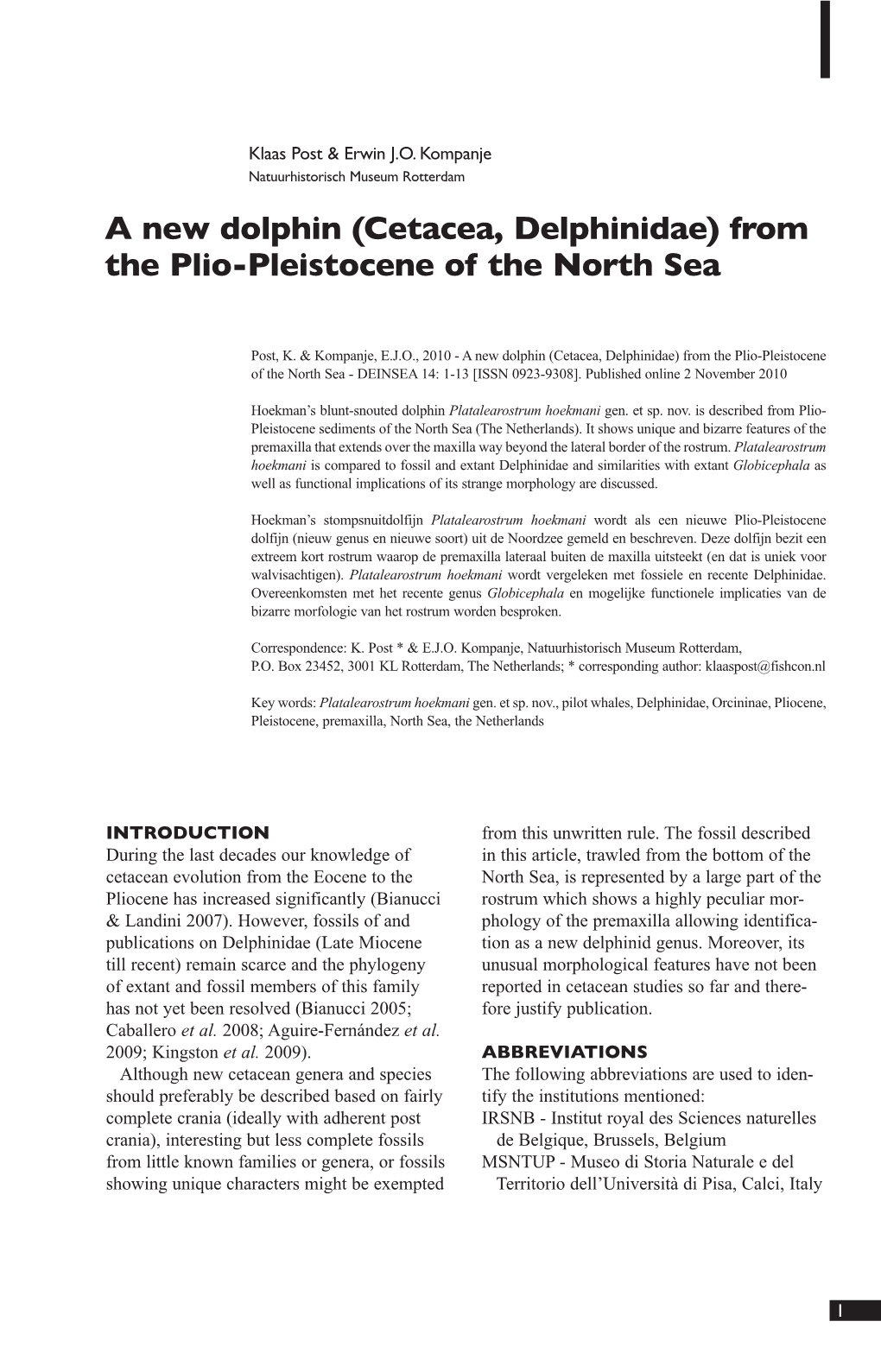 Cetacea, Delphinidae) from the Plio-Pleistocene of the North Sea