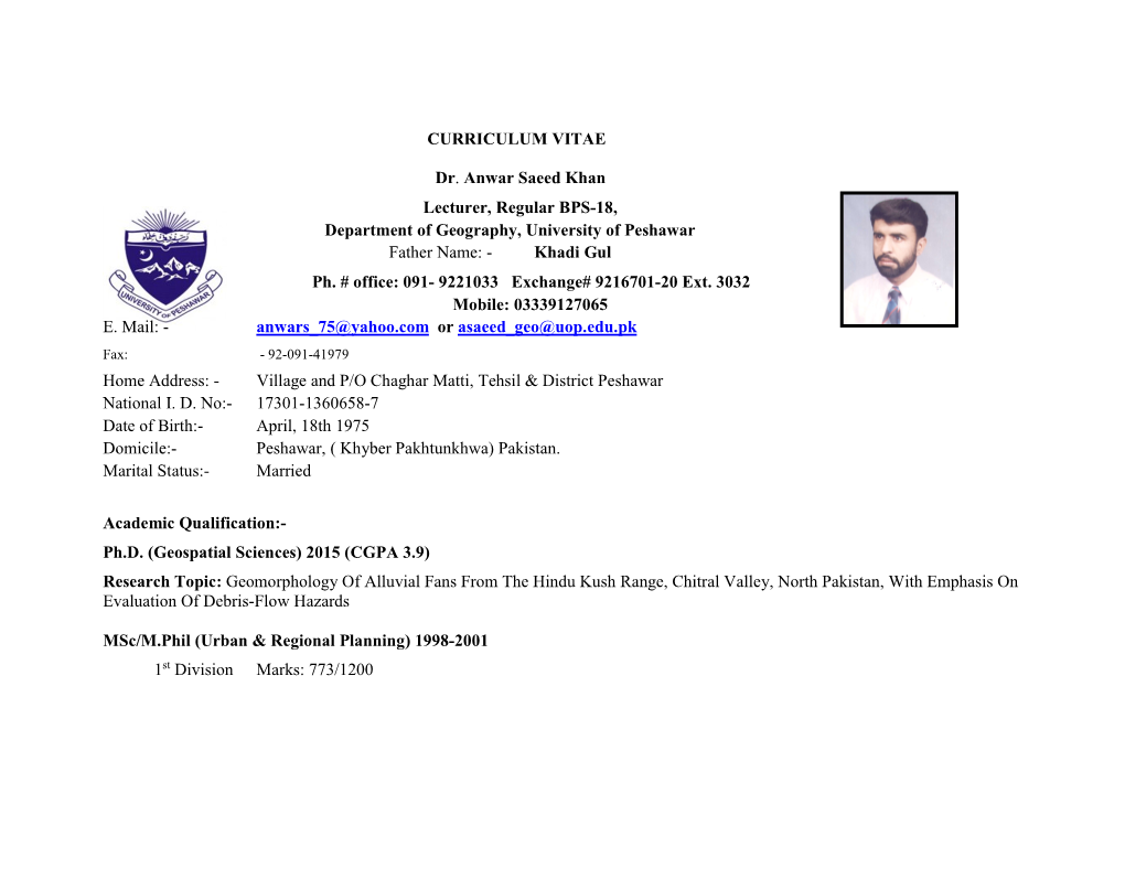 CURRICULUM VITAE Dr. Anwar Saeed