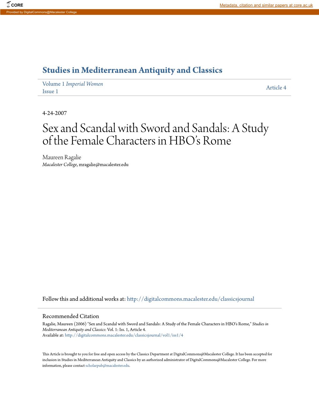 A Study of the Female Characters in Hboâ•Žs Rome