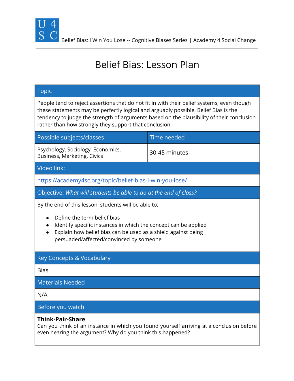 Belief Bias: Lesson Plan