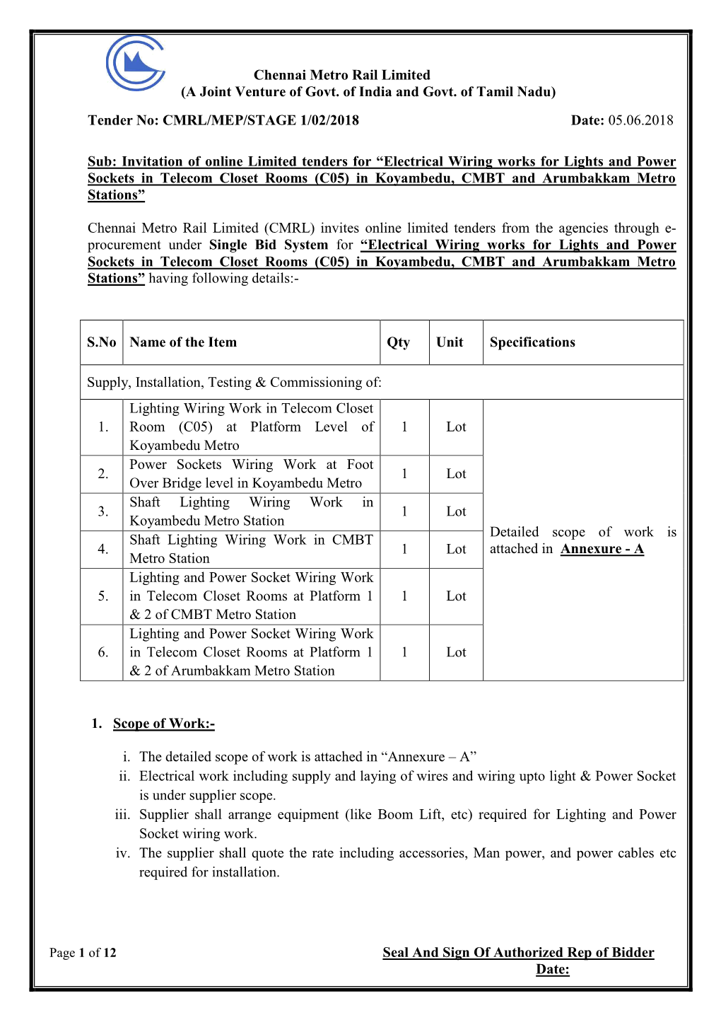 Chennai Metro Rail Limited (A Joint Venture of Govt