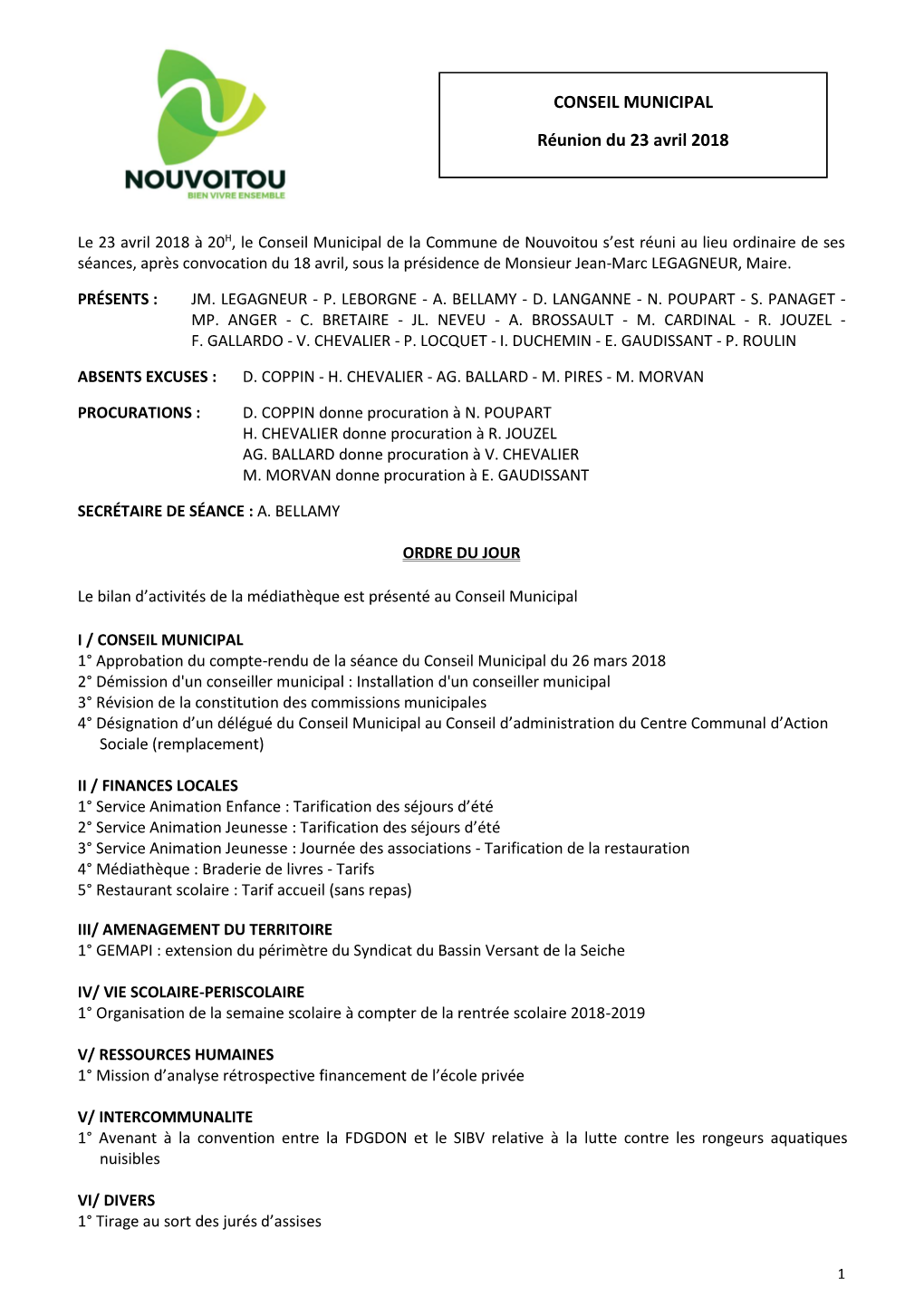 CONSEIL MUNICIPAL Réunion Du 23 Avril 2018