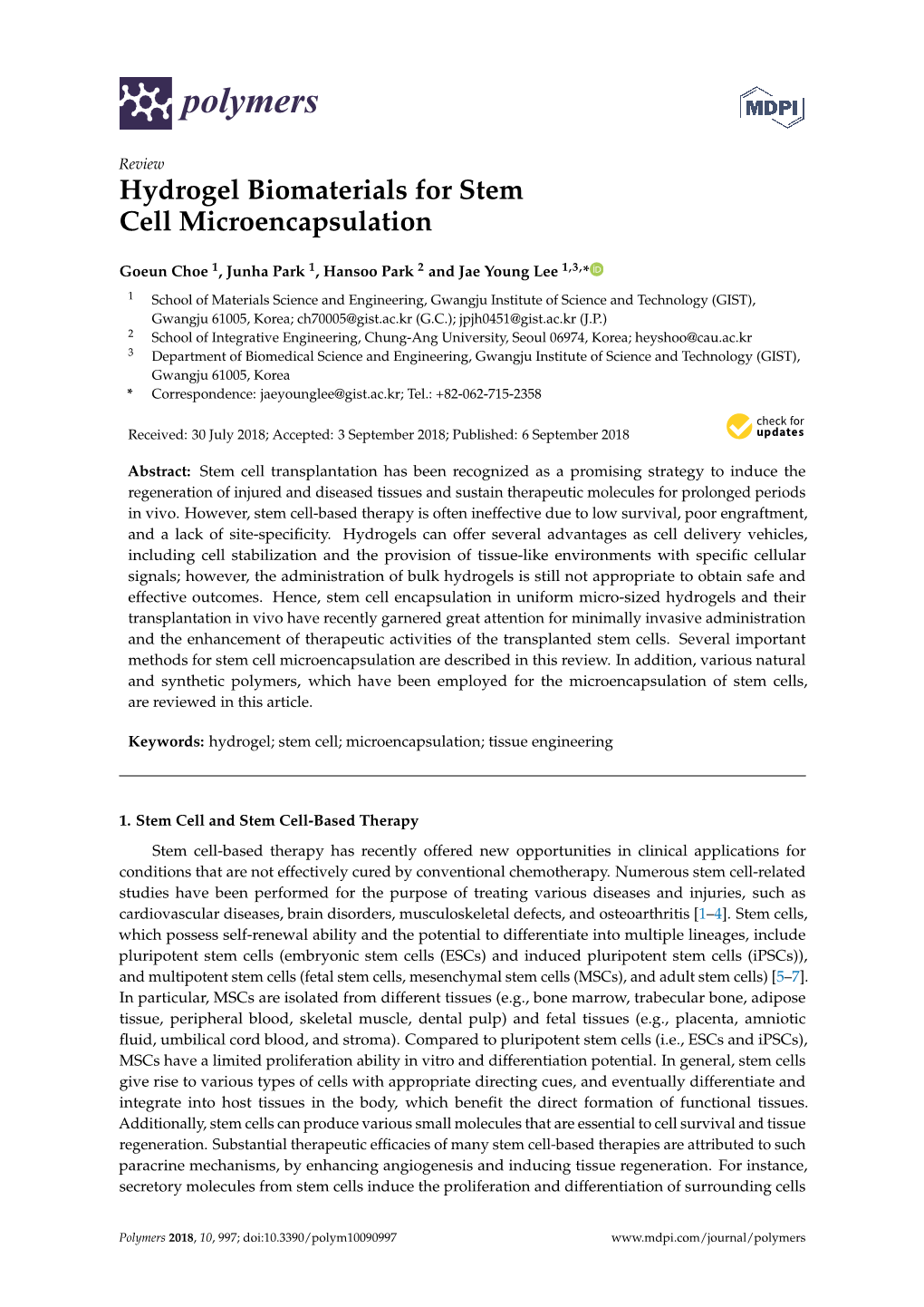 Hydrogel Biomaterials for Stem Cell Microencapsulation