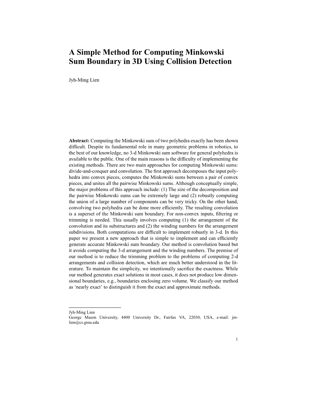 A Simple Method for Computing Minkowski Sum Boundary in 3D Using Collision Detection