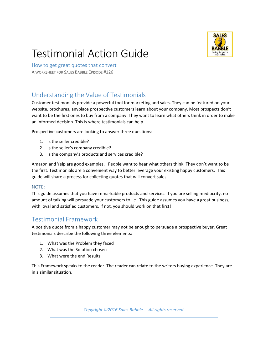 Testimonial Action Guide How to Get Great Quotes That Convert a WORKSHEET for SALES BABBLE EPISODE #126