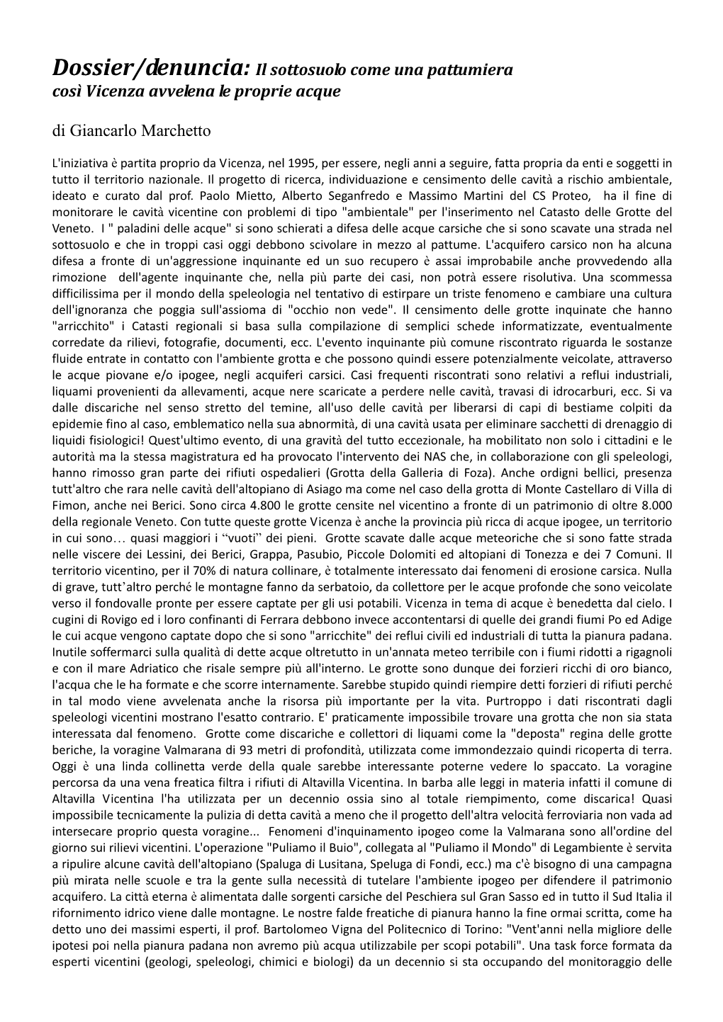 Dossier Denuncia Provincia Di Vicenza Sottosuolo Come Discarica 2013