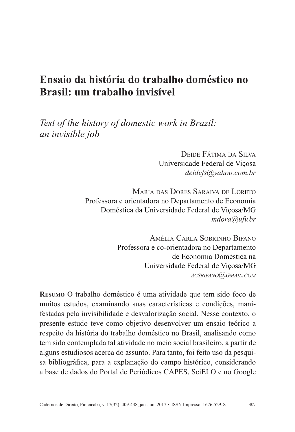 Ensaio Da História Do Trabalho Doméstico No Brasil: Um Trabalho Invisível