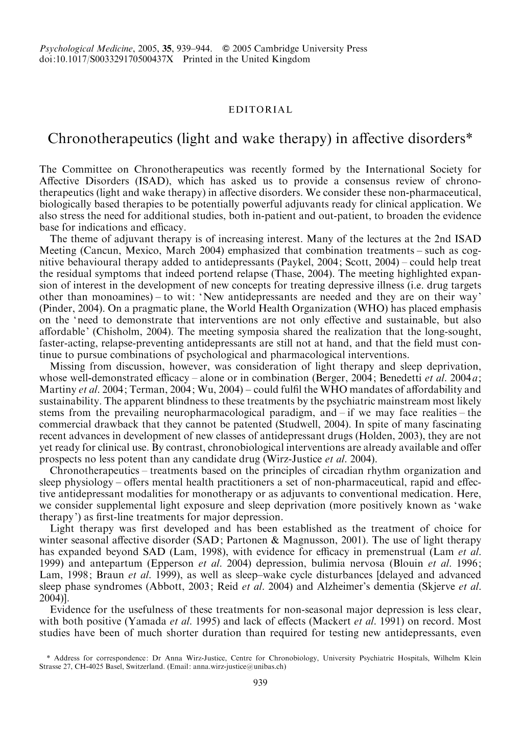Light and Wake Therapy) in Aﬀective Disorders*