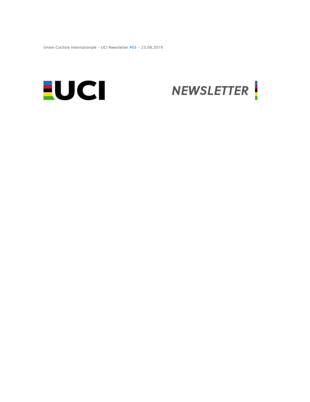 Union Cycliste Internationale - UCI Newsletter #65 - 23.08.2019