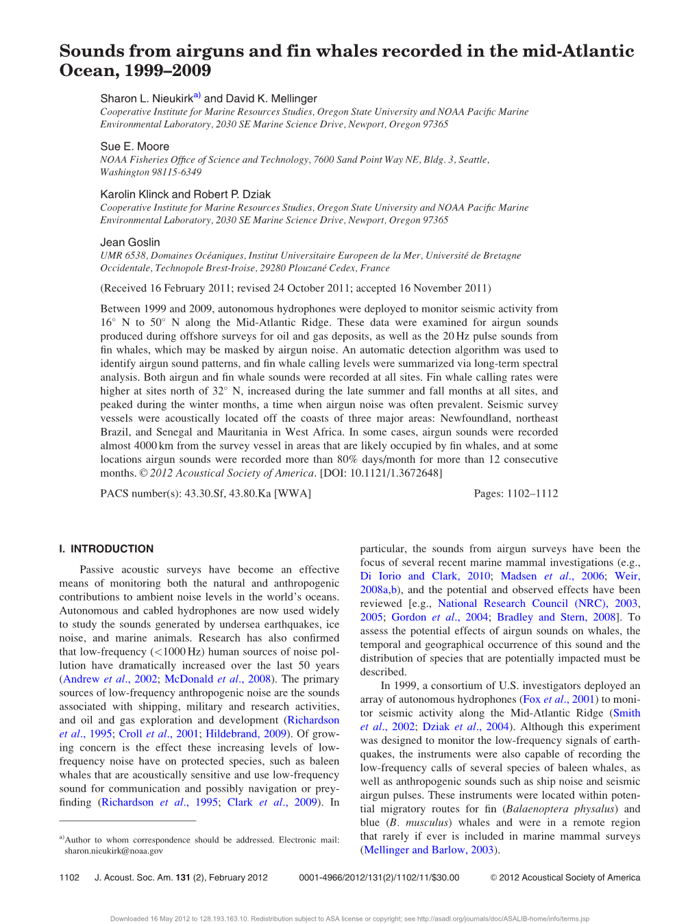 Sounds from Airguns and Fin Whales Recorded in the Mid-Atlantic Ocean, 1999–2009