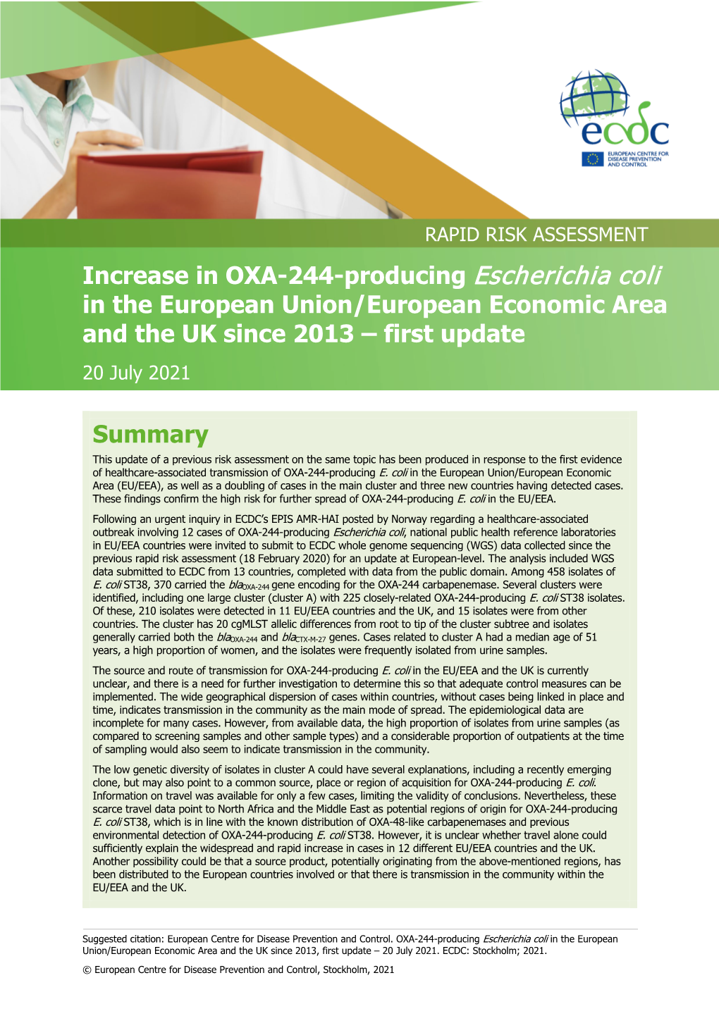 OXA-244 Producing E. Coli in the EU EEA and the UK Since 2013