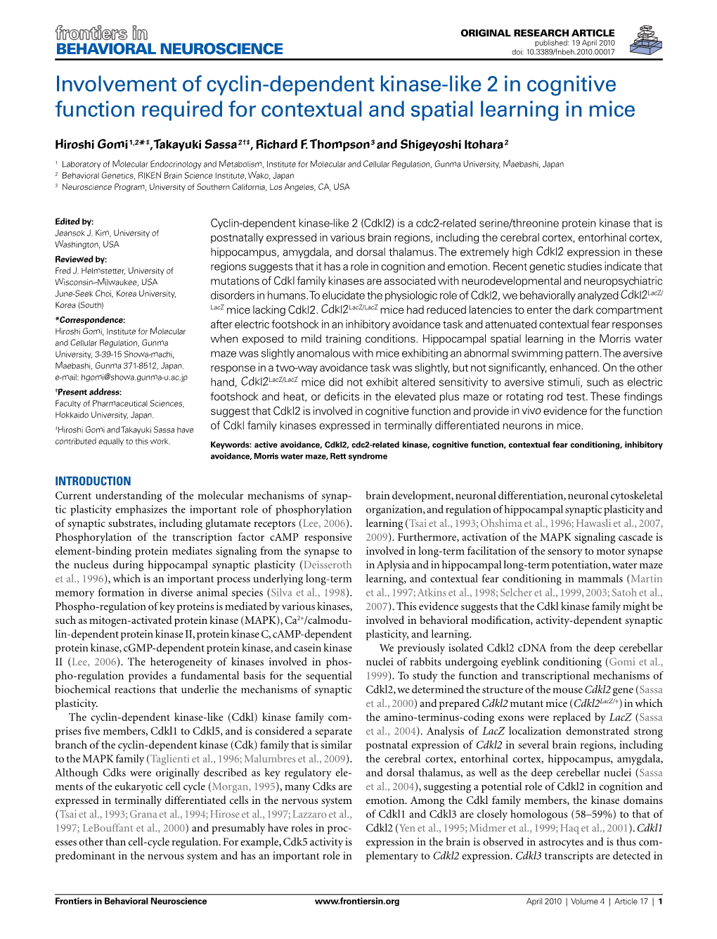 Involvement of Cyclin-Dependent Kinase-Like 2 in Cognitive Function Required for Contextual and Spatial Learning in Mice