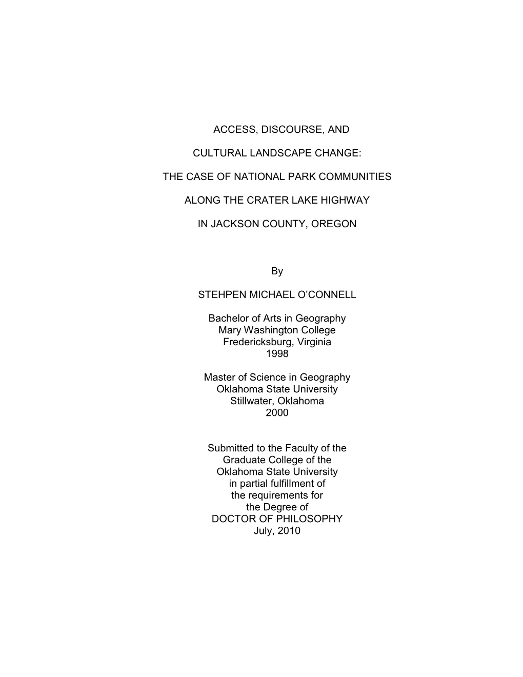 Access, Discourse, and Cultural Landscape Change: the Case of National Park Communities Along the Crater Lake Highway in Jackson County, Oregon