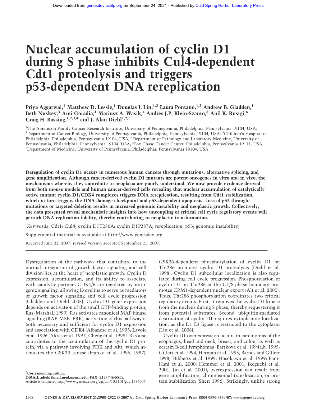 Nuclear Accumulation of Cyclin D1 During S Phase Inhibits Cul4-Dependent Cdt1 Proteolysis and Triggers P53-Dependent DNA Rereplication