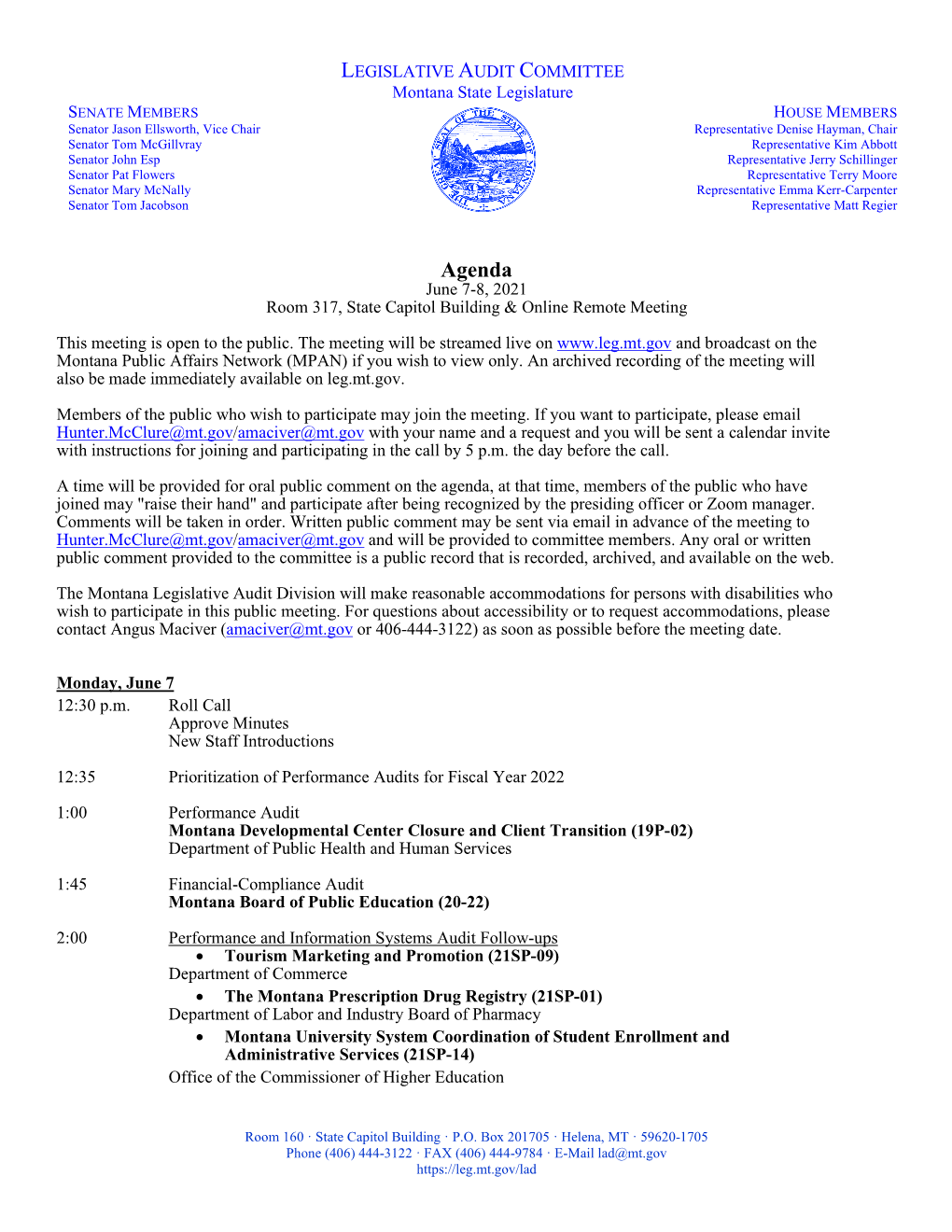 Agenda June 7-8, 2021 Room 317, State Capitol Building & Online Remote Meeting