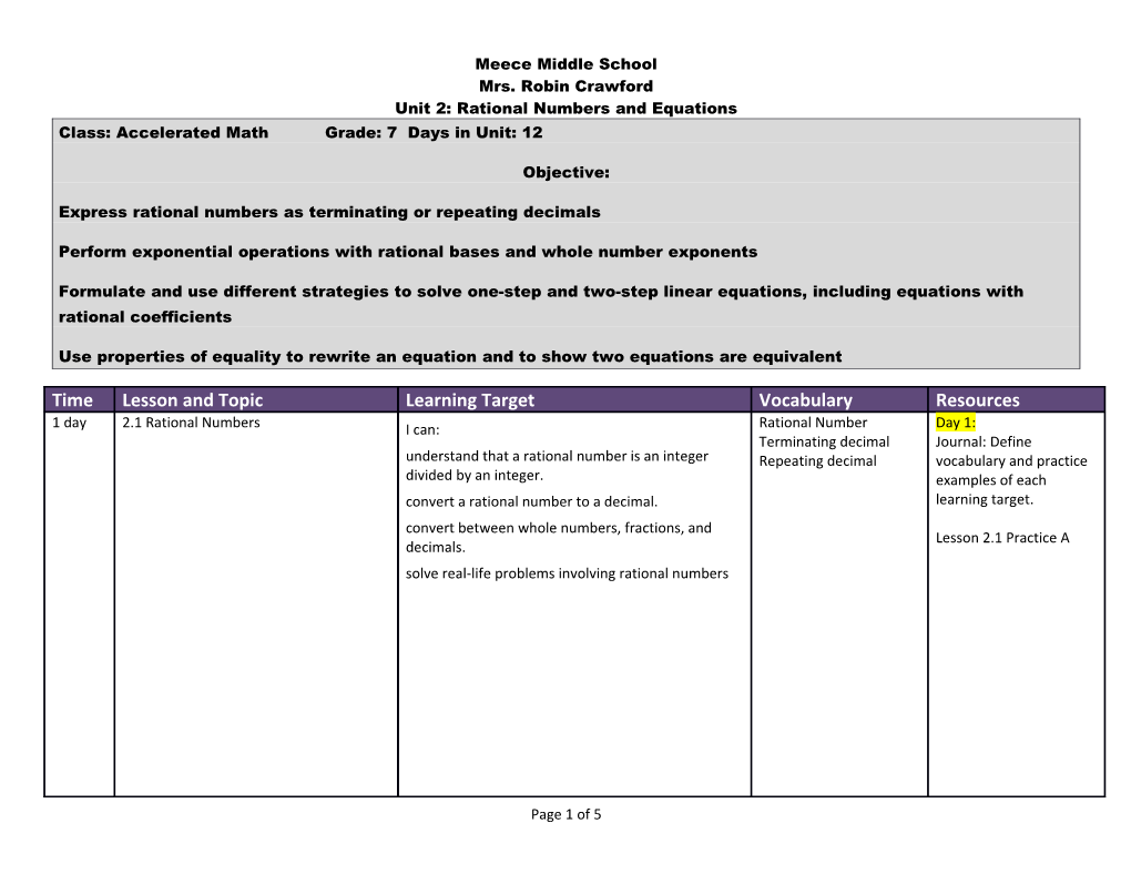 Unit 2: Rational Numbers and Equations