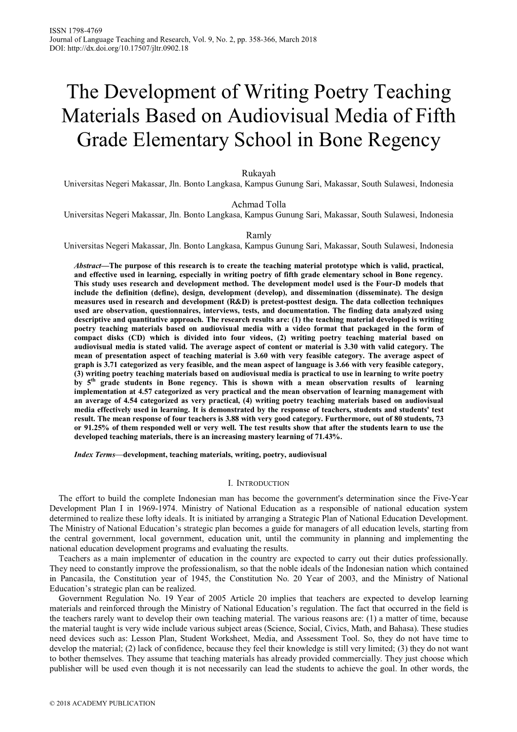 The Development of Writing Poetry Teaching Materials Based on Audiovisual Media of Fifth Grade Elementary School in Bone Regency