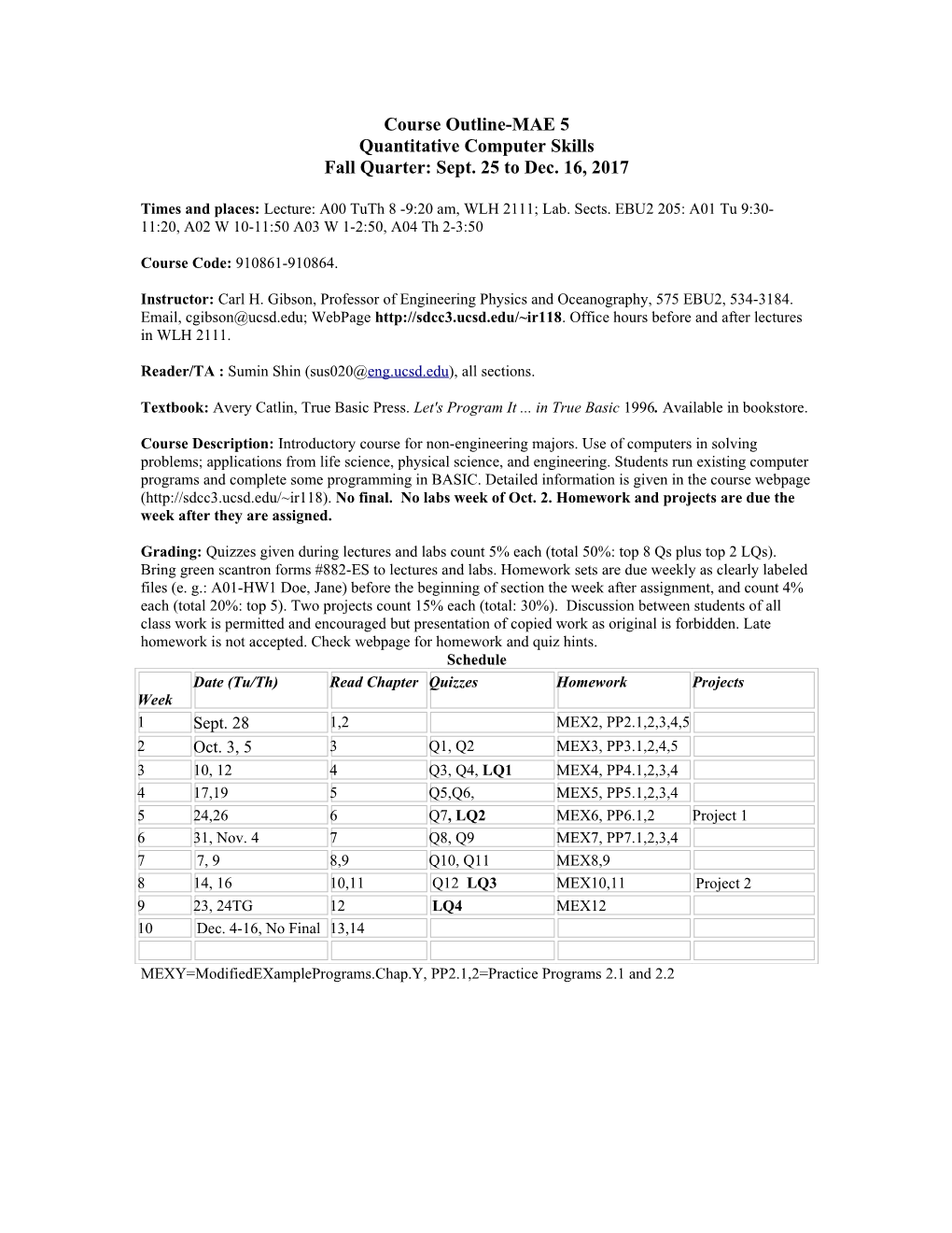 Times and Places: Lecture: A00 Tuth 8 -9:20 Am, WLH 2111; Lab. Sects. EBU2 205: A01 Tu