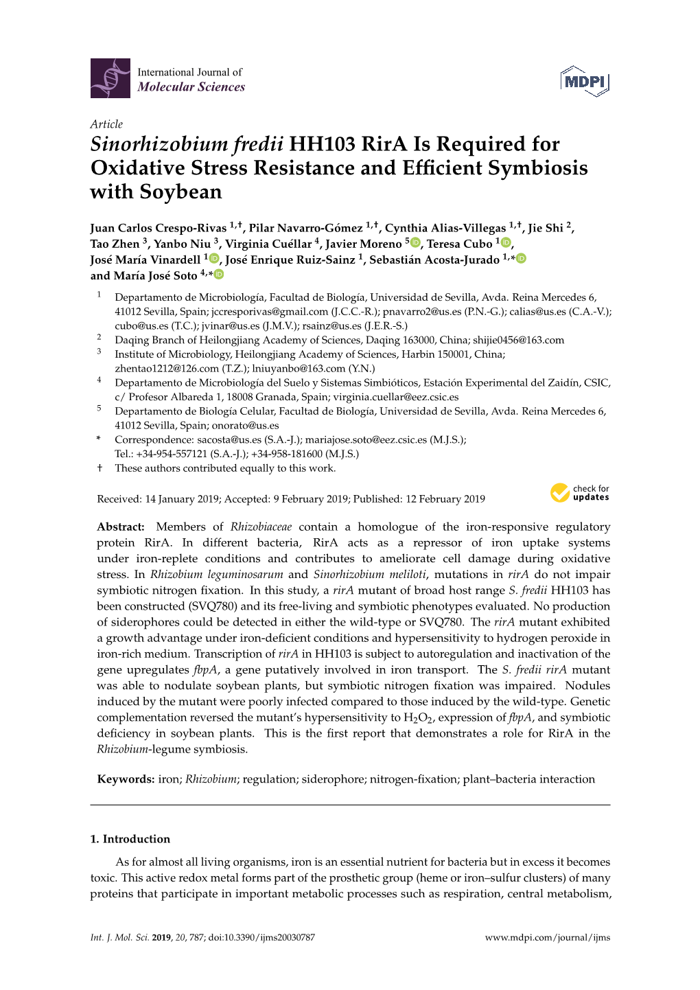 Sinorhizobium Fredii HH103 Rira Is Required for Oxidative Stress Resistance and Efﬁcient Symbiosis with Soybean