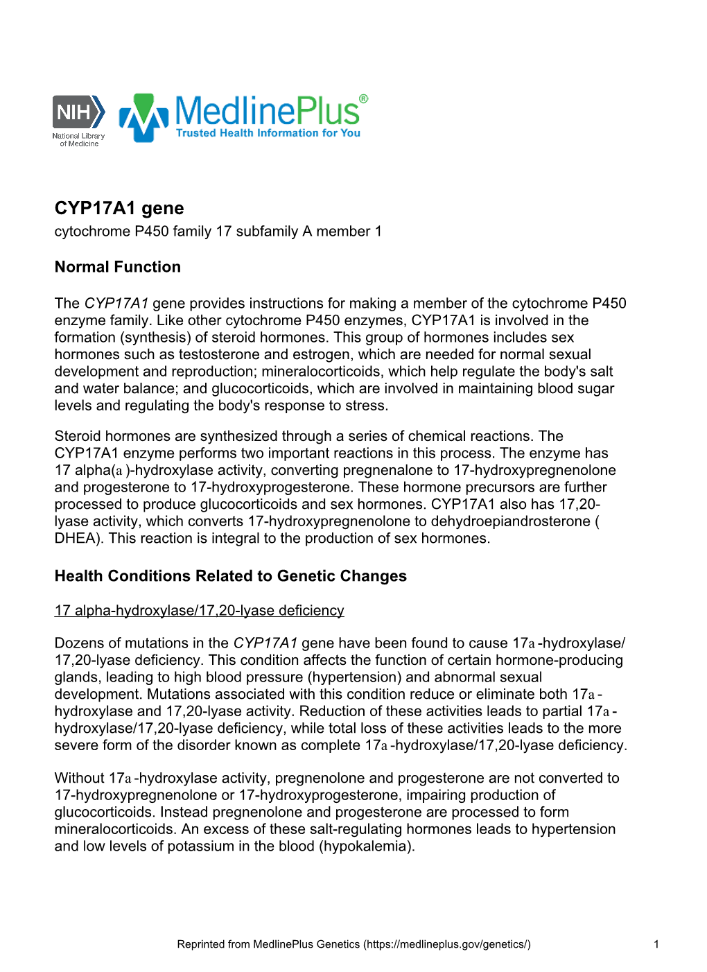 CYP17A1 Gene Cytochrome P450 Family 17 Subfamily a Member 1