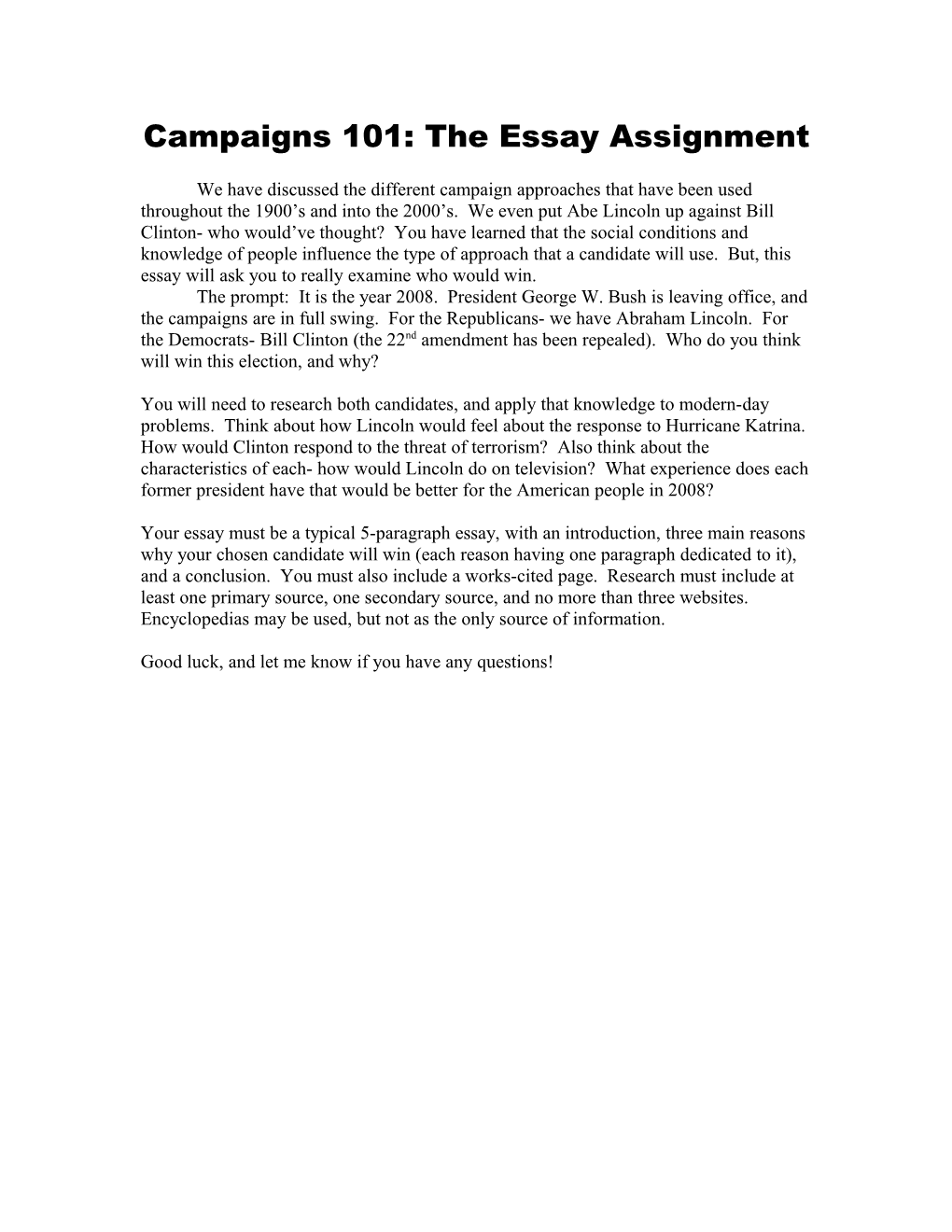 Campaigns 101: the Essay Assignment