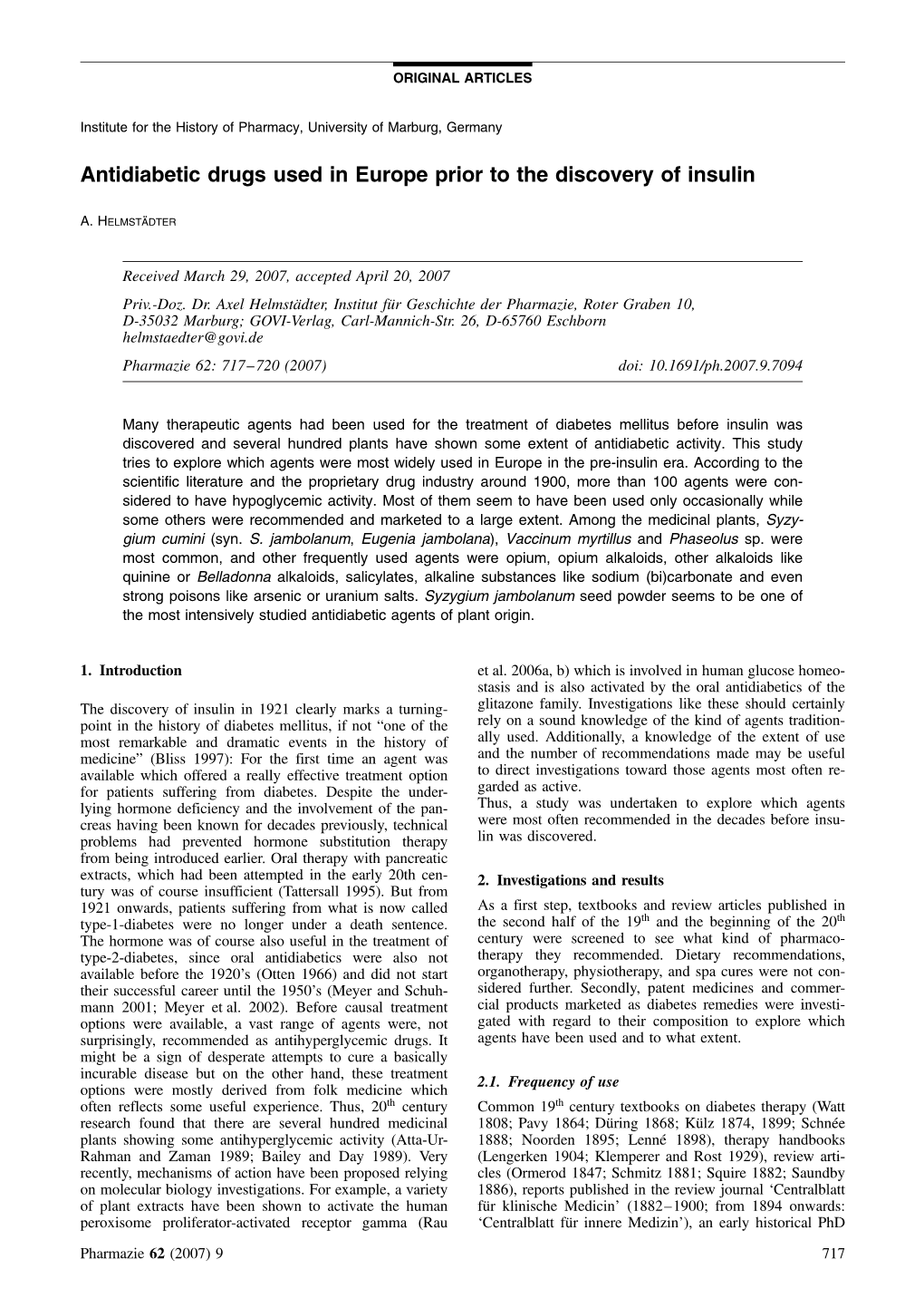 Antidiabetic Drugs Used in Europe Prior to the Discovery of Insulin