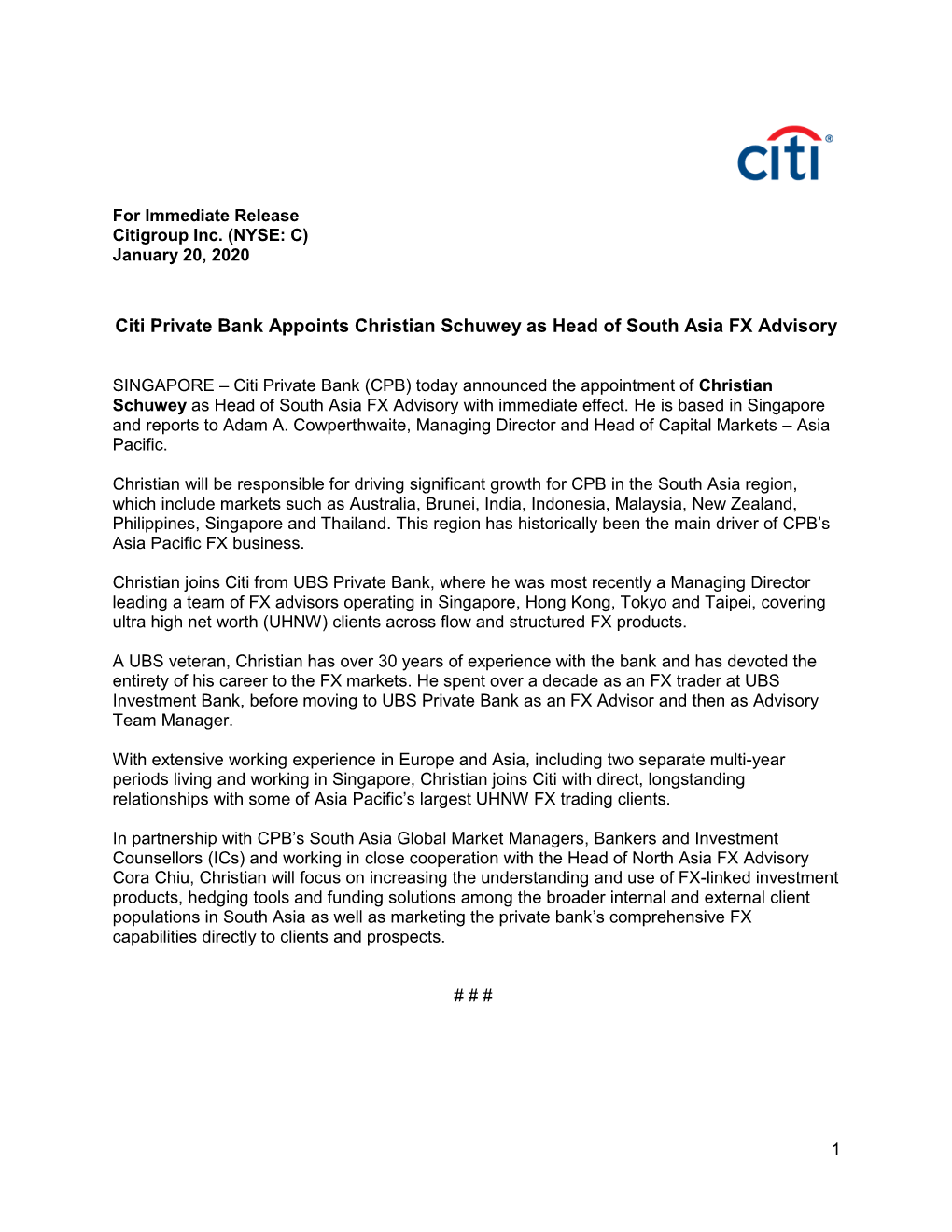 Citi Private Bank Appoints Christian Schuwey As Head of South Asia FX Advisory