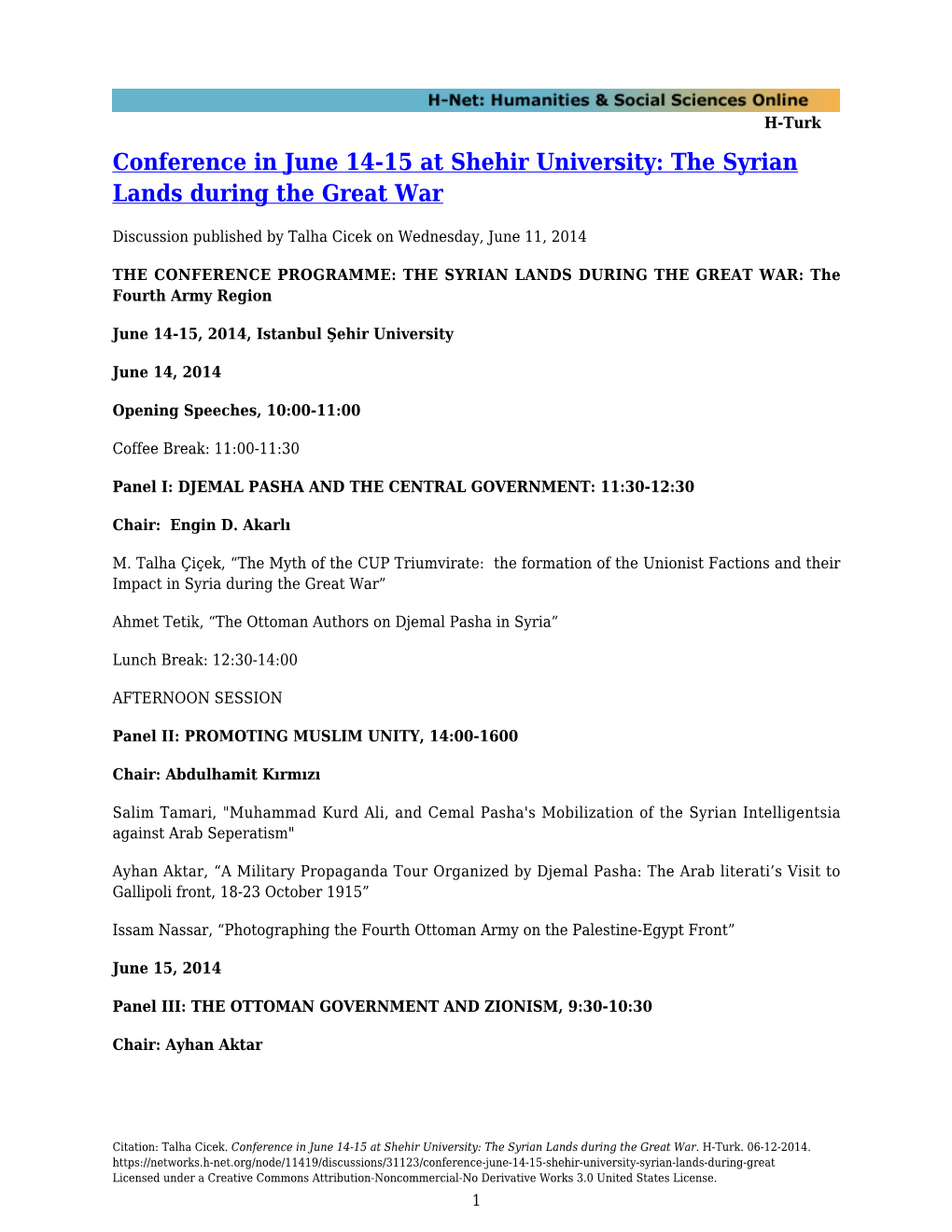 Conference in June 14-15 at Shehir University: the Syrian Lands During the Great War