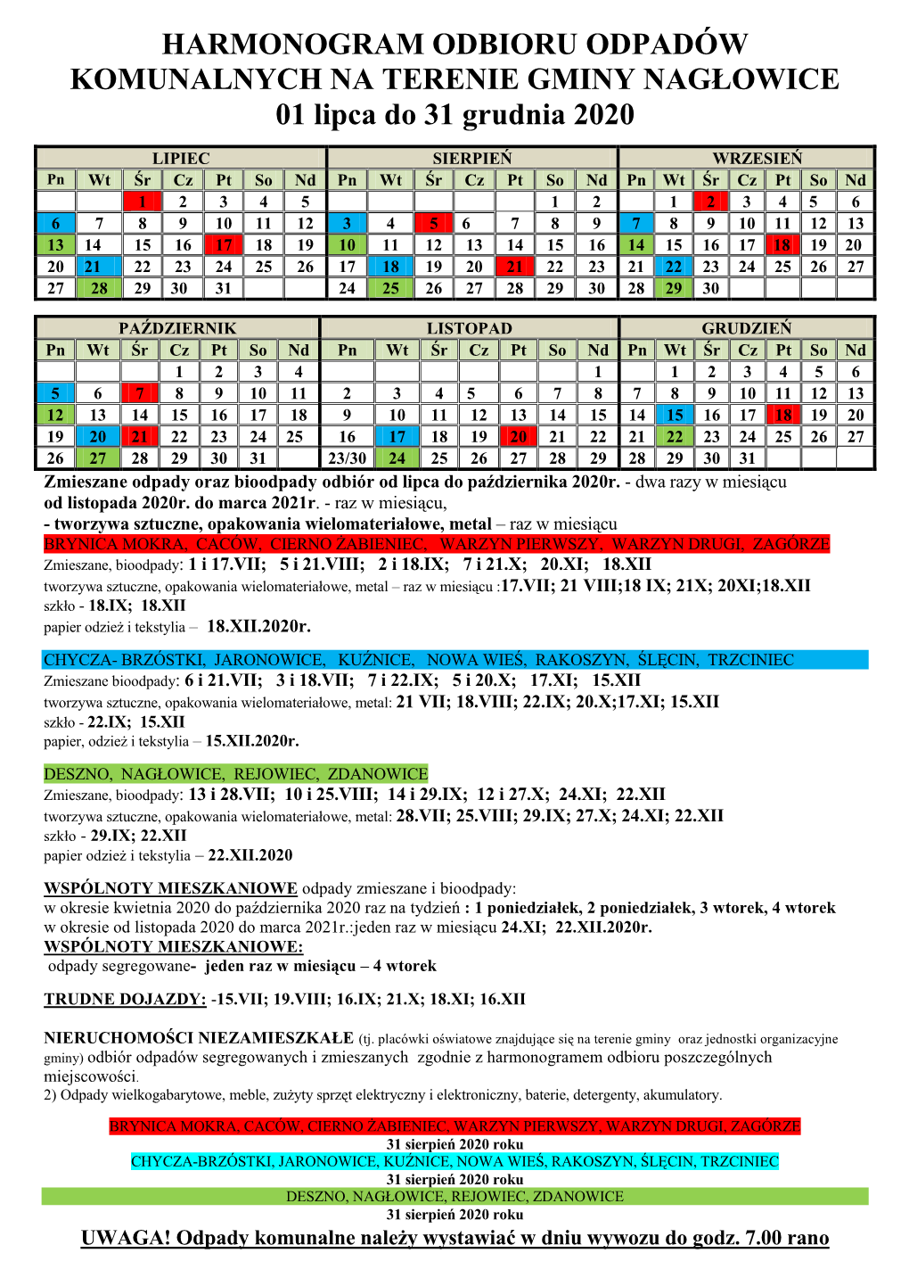 HARMONOGRAM ODBIORU ODPADÓW KOMUNALNYCH NA TERENIE GMINY NAGŁOWICE 01 Lipca Do 31 Grudnia 2020