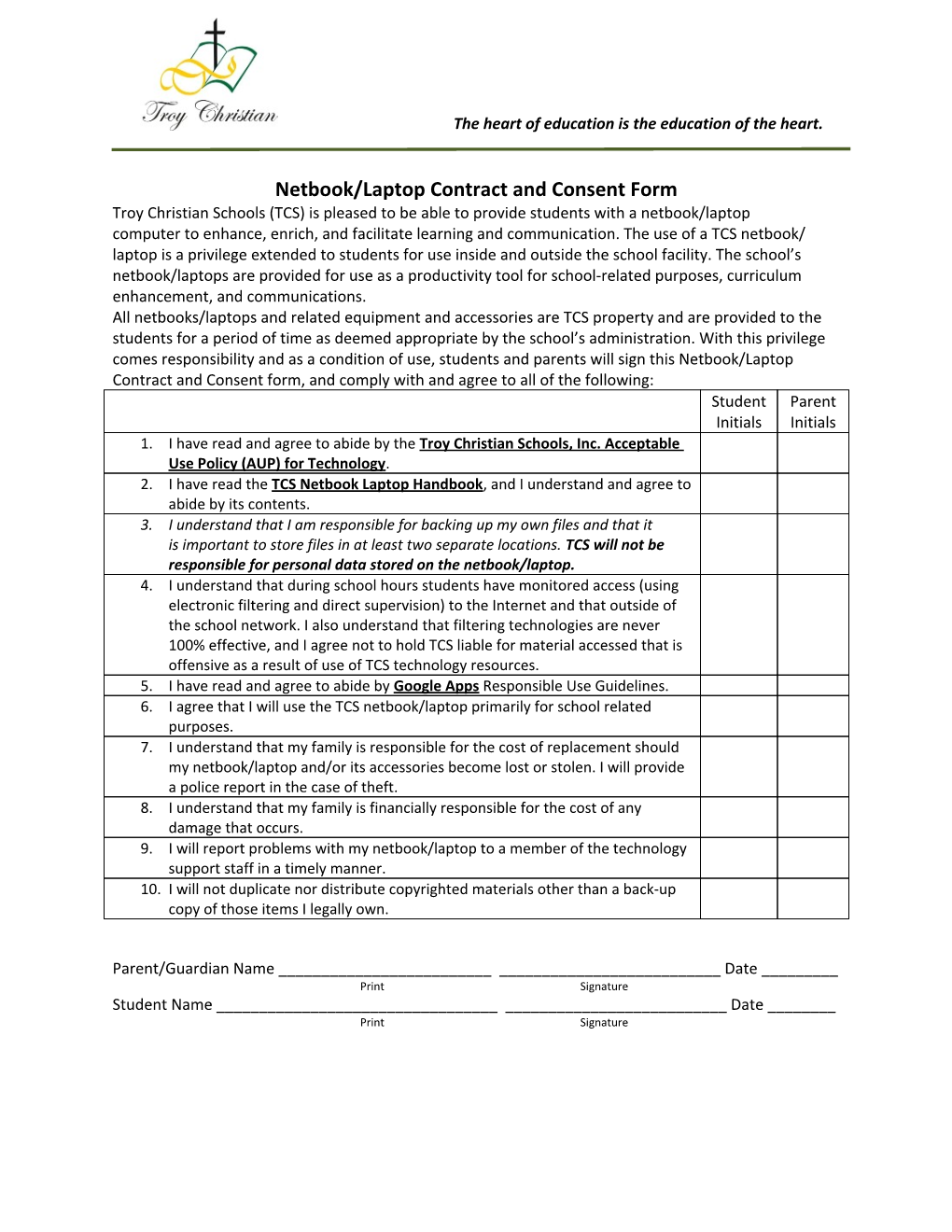 Netbook/Laptop Contract and Consent Form