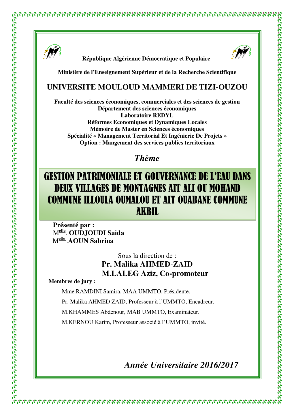 Gestion Patrimoniale Et Gouvernance De L'eau Dans