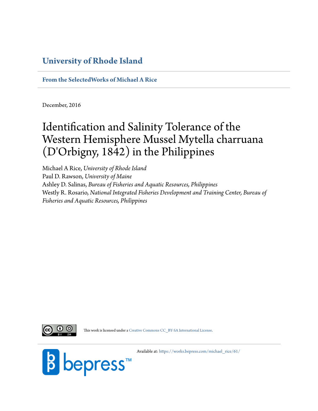 Identification and Salinity Tolerance of the Western Hemisphere Mussel Mytella Charruana (D'orbigny, 1842) in the Philippine