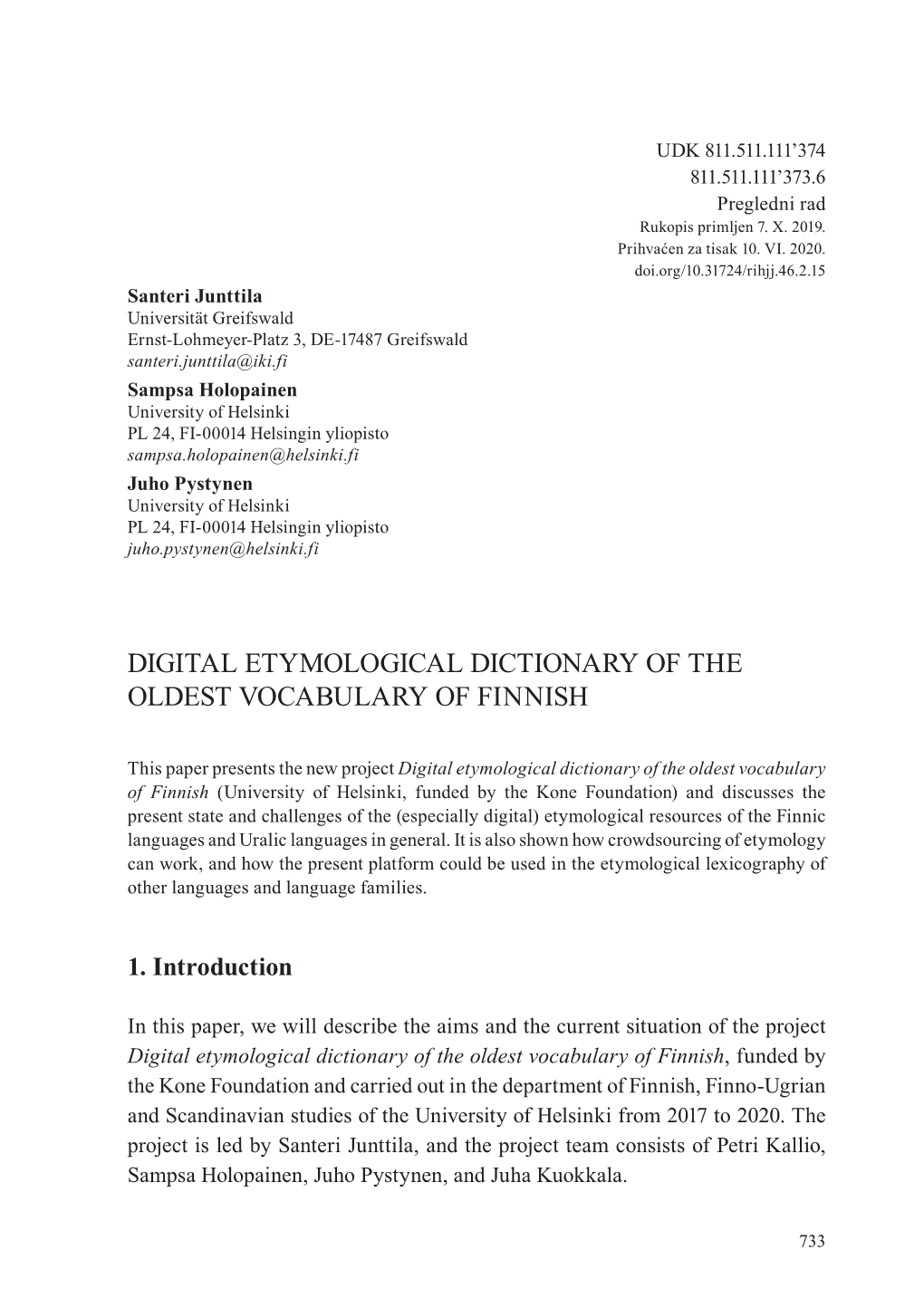 Digital Etymological Dictionary of the Oldest Vocabulary of Finnish