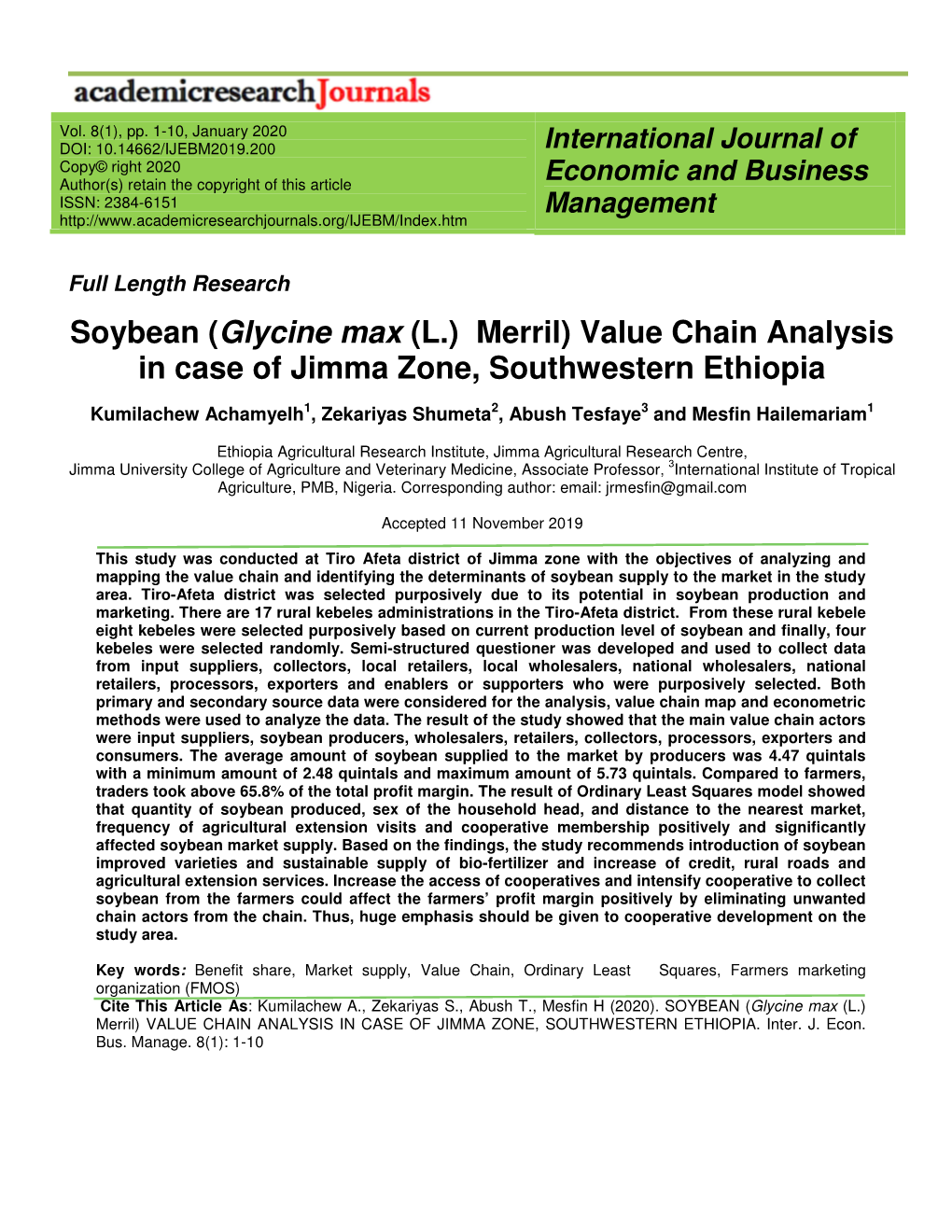 Soybean ( Glycine Max (L.) Merril) Value Chain Analysis in Case of Jimma Zone, Southwestern Ethiopia