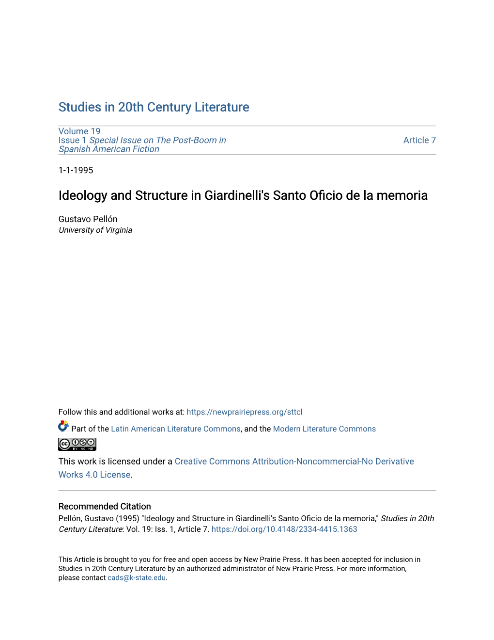 Ideology and Structure in Giardinelli's Santo Oficio De La Memoria