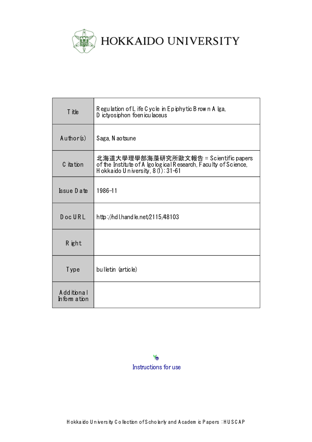 Instructions for Use Title Regulation Of