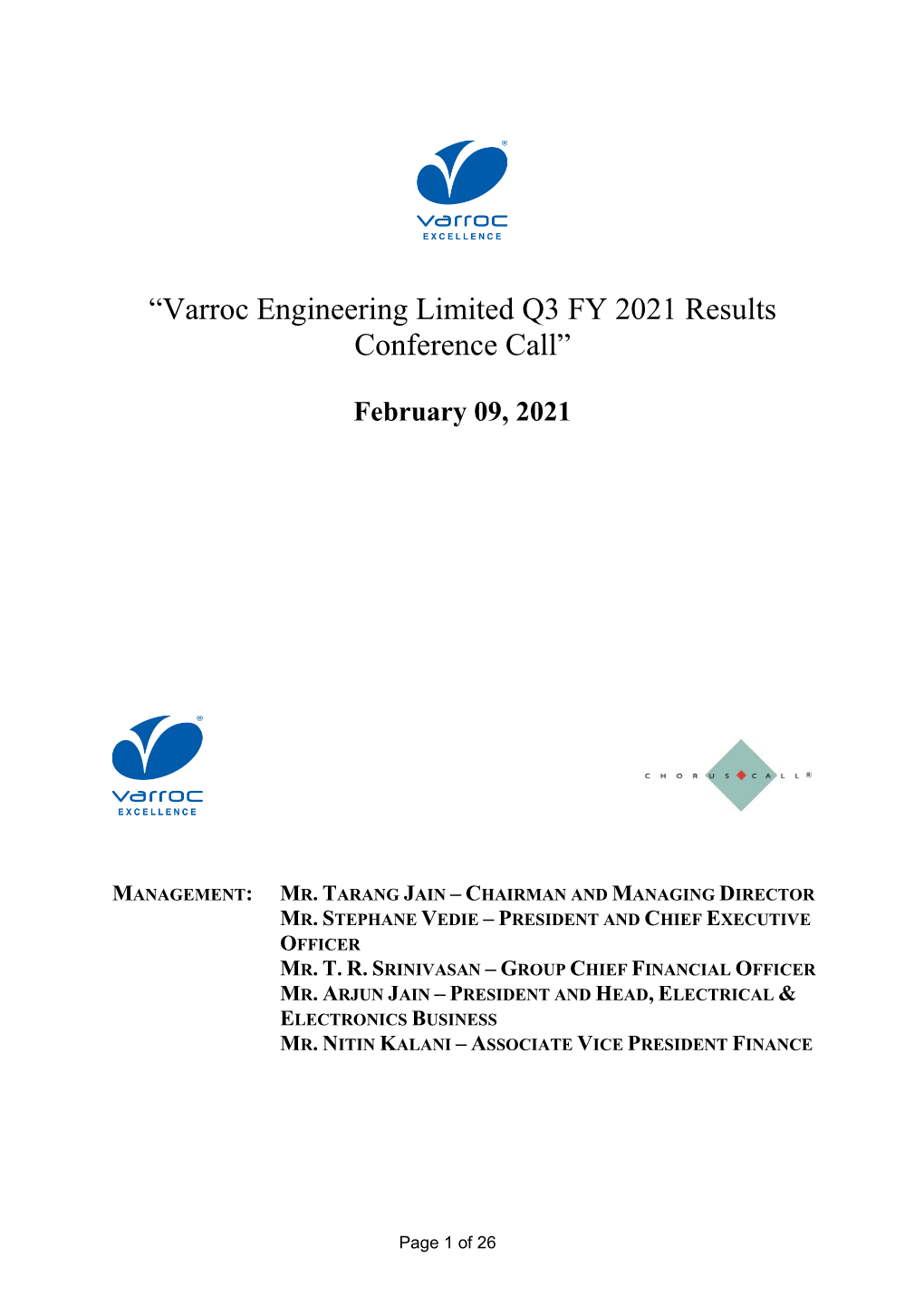 “Varroc Engineering Limited Q3 FY 2021 Results Conference Call”