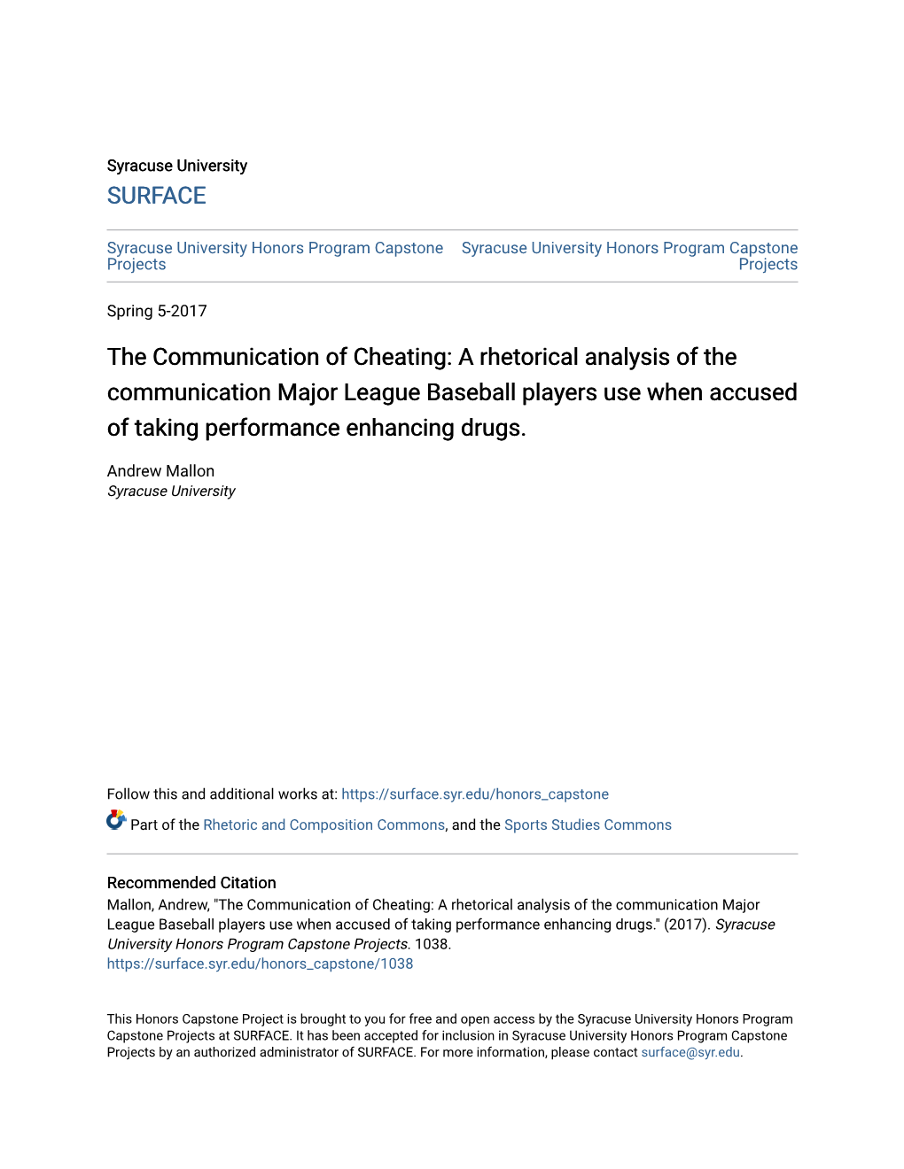 A Rhetorical Analysis of the Communication Major League Baseball Players Use When Accused of Taking Performance Enhancing Drugs