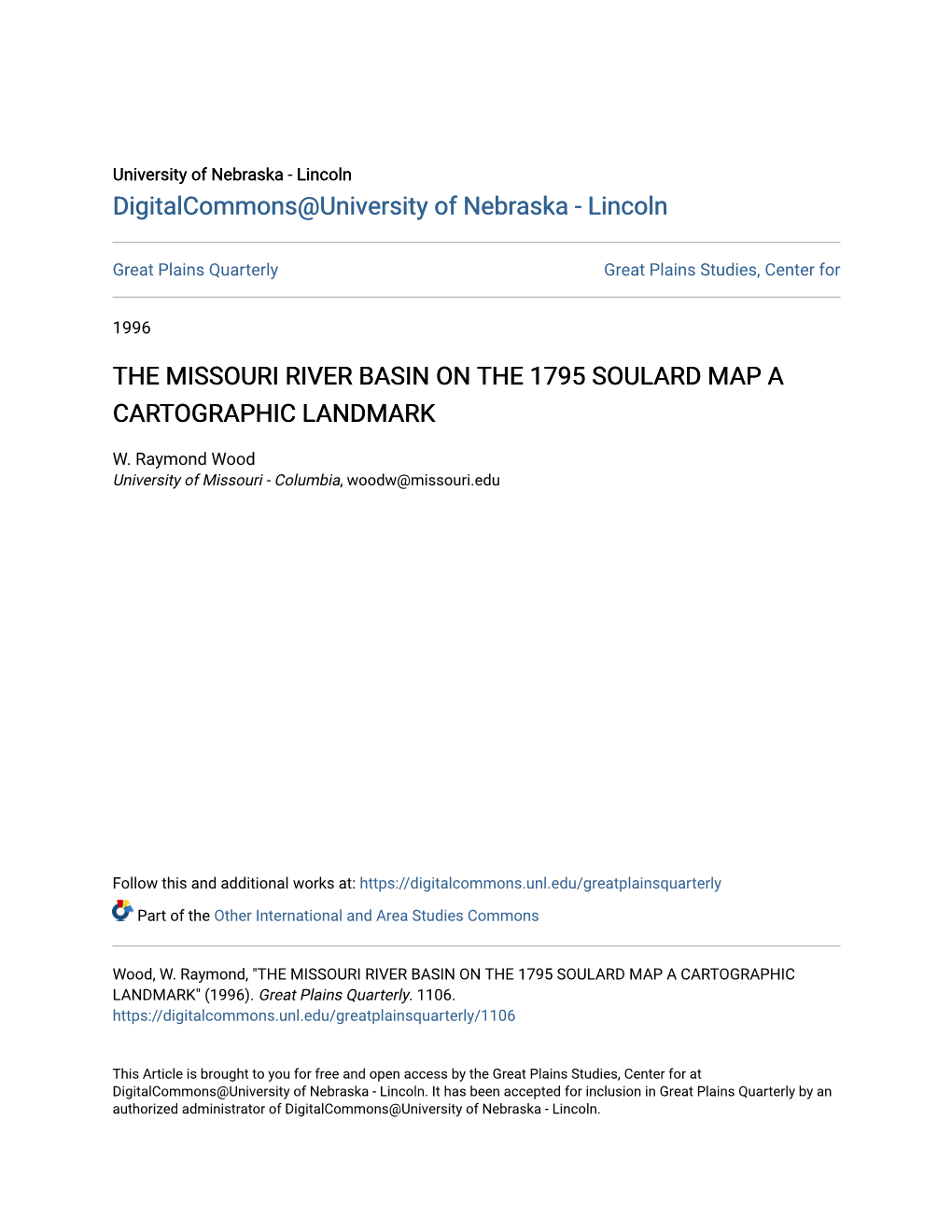 The Missouri River Basin on the 1795 Soulard Map a Cartographic Landmark