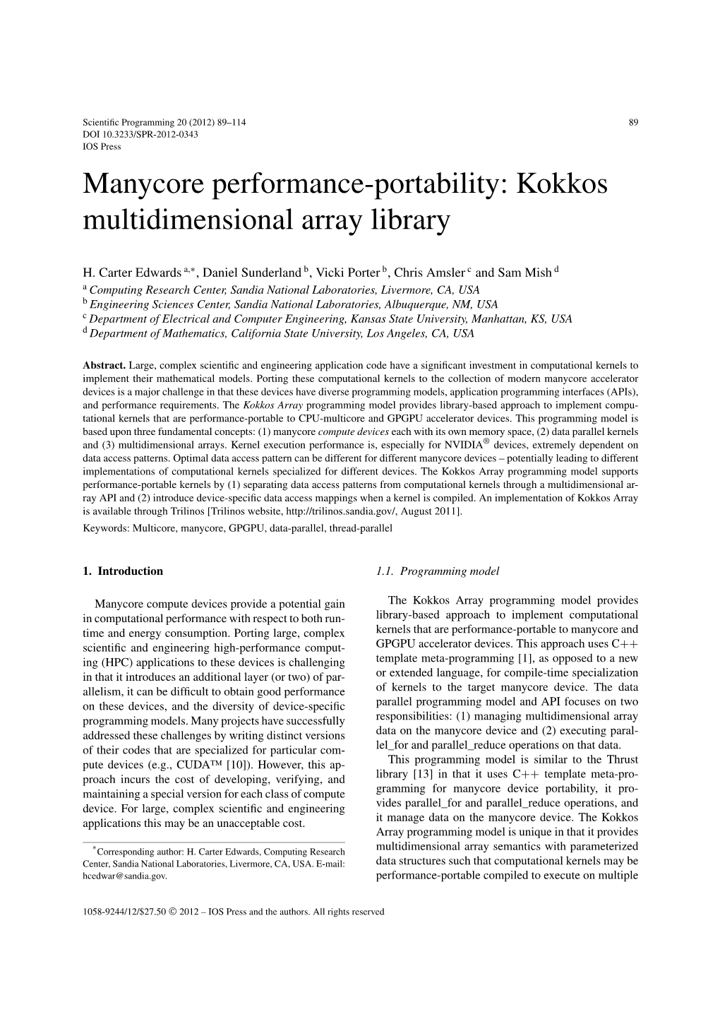 Manycore Performance-Portability: Kokkos Multidimensional Array Library