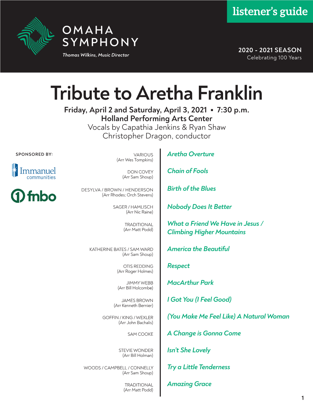 Tribute to Aretha Franklin Friday, April 2 and Saturday, April 3, 2021  7:30 P.M