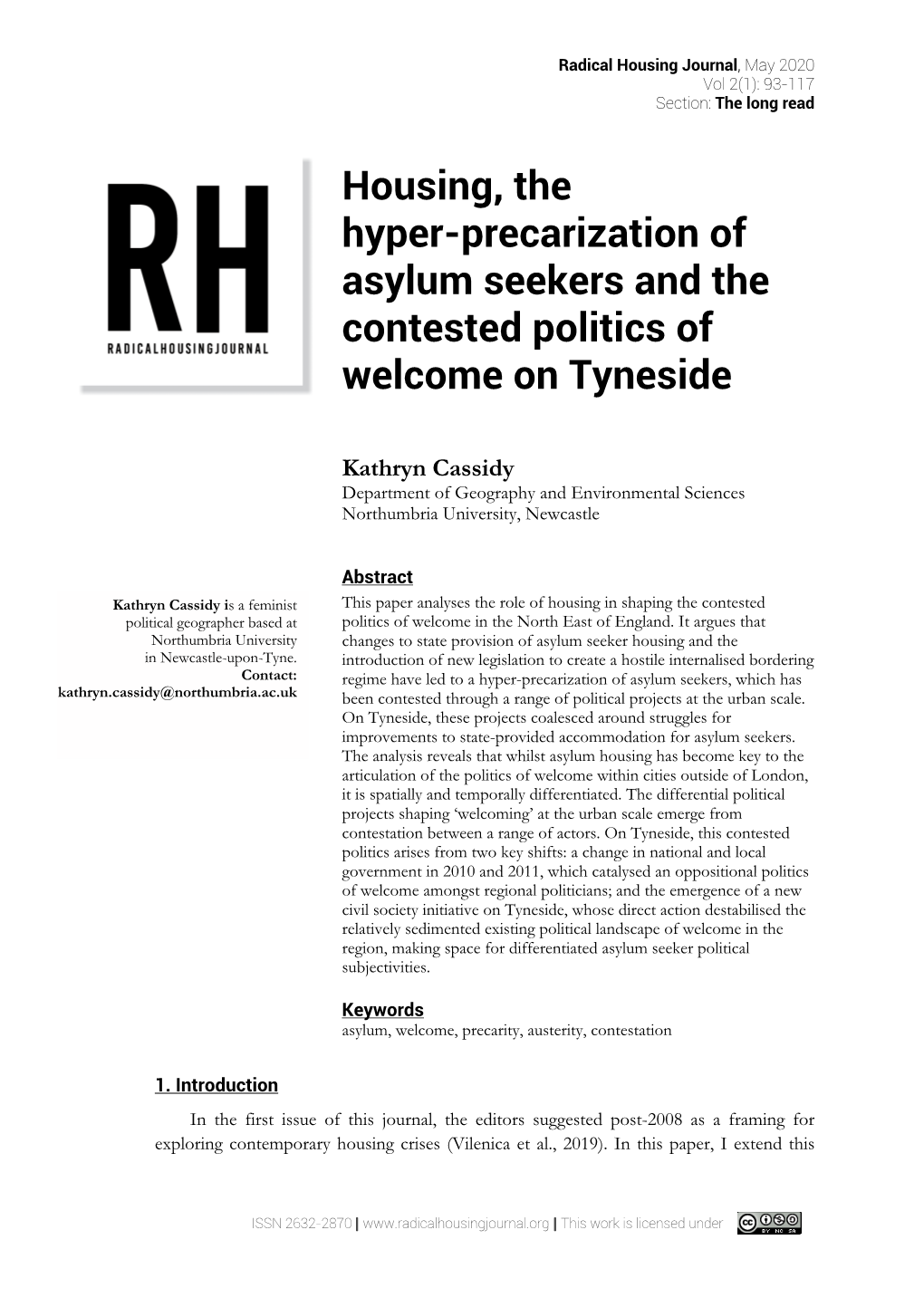 Housing, the Hyper-Precarization of Asylum Seekers and the Contested Politics of Welcome on Tyneside