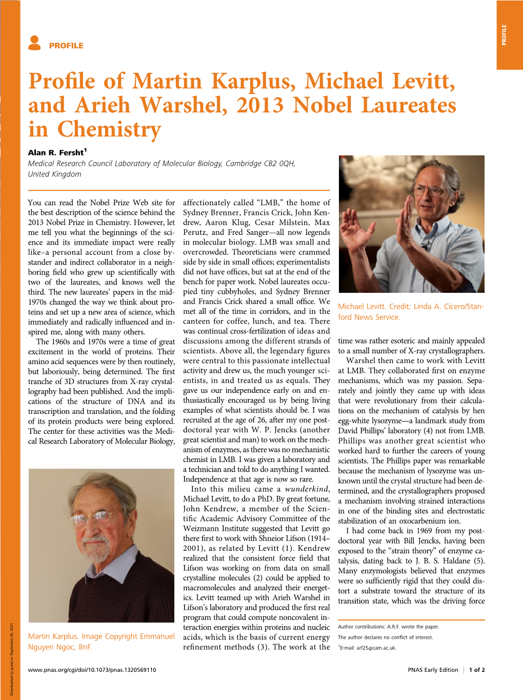 Profile of Martin Karplus, Michael Levitt, and Arieh Warshel, 2013 Nobel Laureates in Chemistry