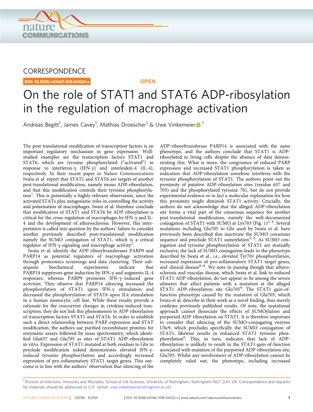 On the Role of STAT1 and STAT6 ADP-Ribosylation in the Regulation of Macrophage Activation