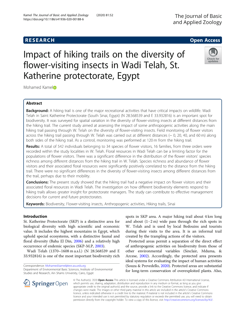 Impact of Hiking Trails on the Diversity of Flower-Visiting Insects in Wadi Telah, St