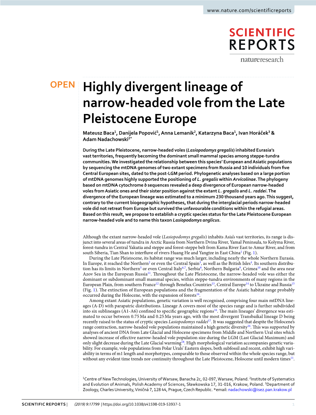 Highly Divergent Lineage of Narrow-Headed Vole from the Late