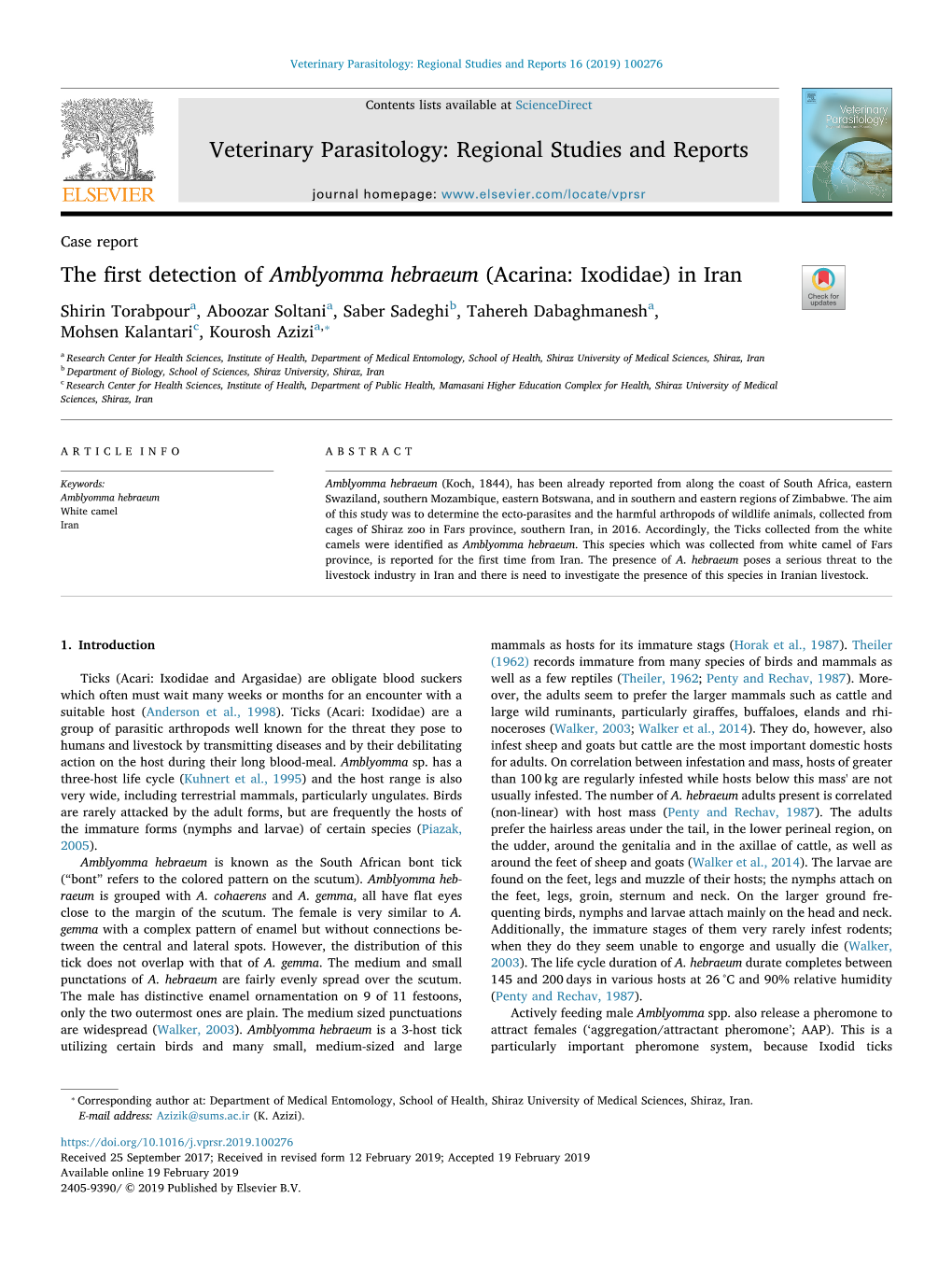 The First Detection of Amblyomma Hebraeum (Acarina Ixodidae) in Iran