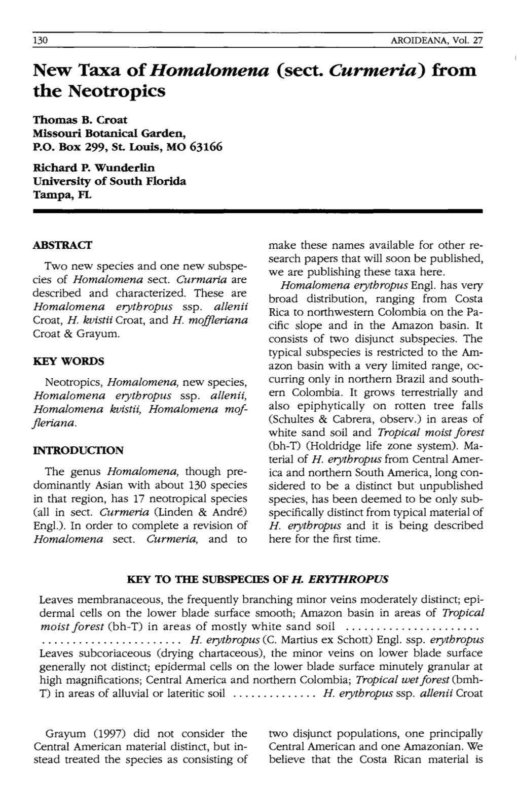 Croat T. B. & R. P. Wunderlin, 2004, New Taxa of Homalomena (Sect