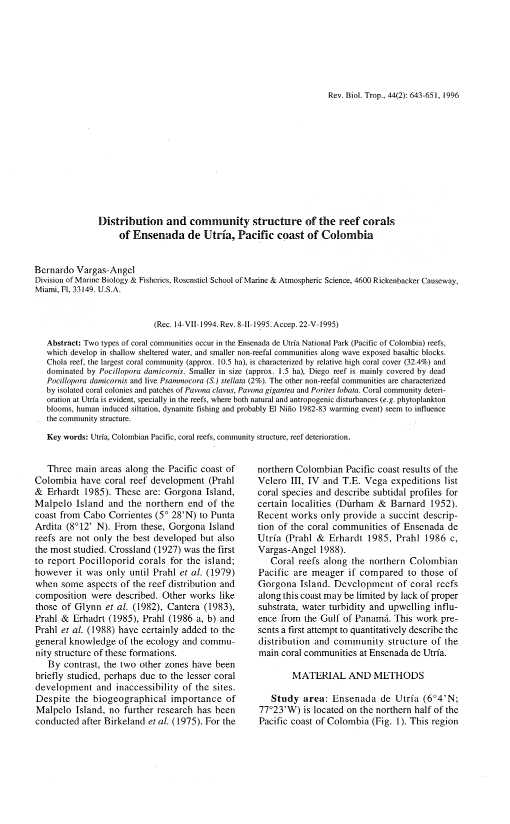 Distribution and Community Structure of the Reef Corals of Ensenada De Utría, Pacitic Coast of Colombia Bernardo Vargas-Angel