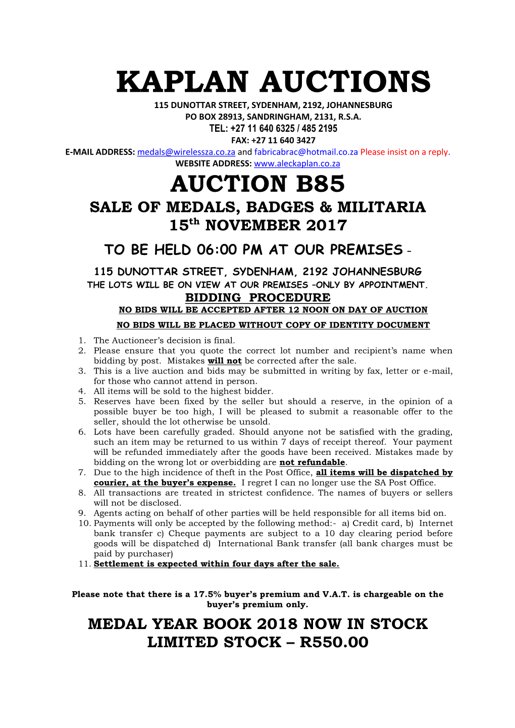 Kaplan Auctions 115 Dunottar Street, Sydenham, 2192, Johannesburg Po Box 28913, Sandringham, 2131, R.S.A